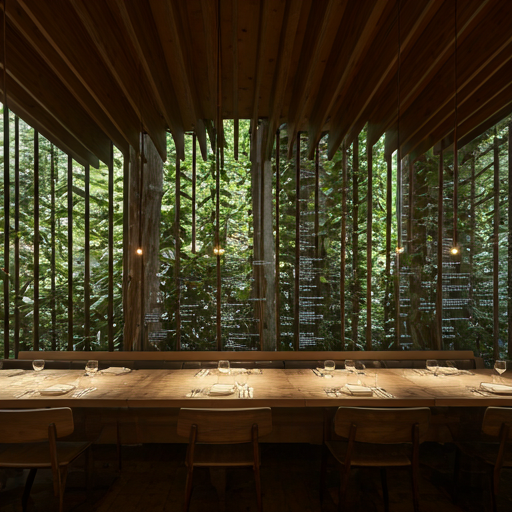 Restaurant interior with digital menu overlay